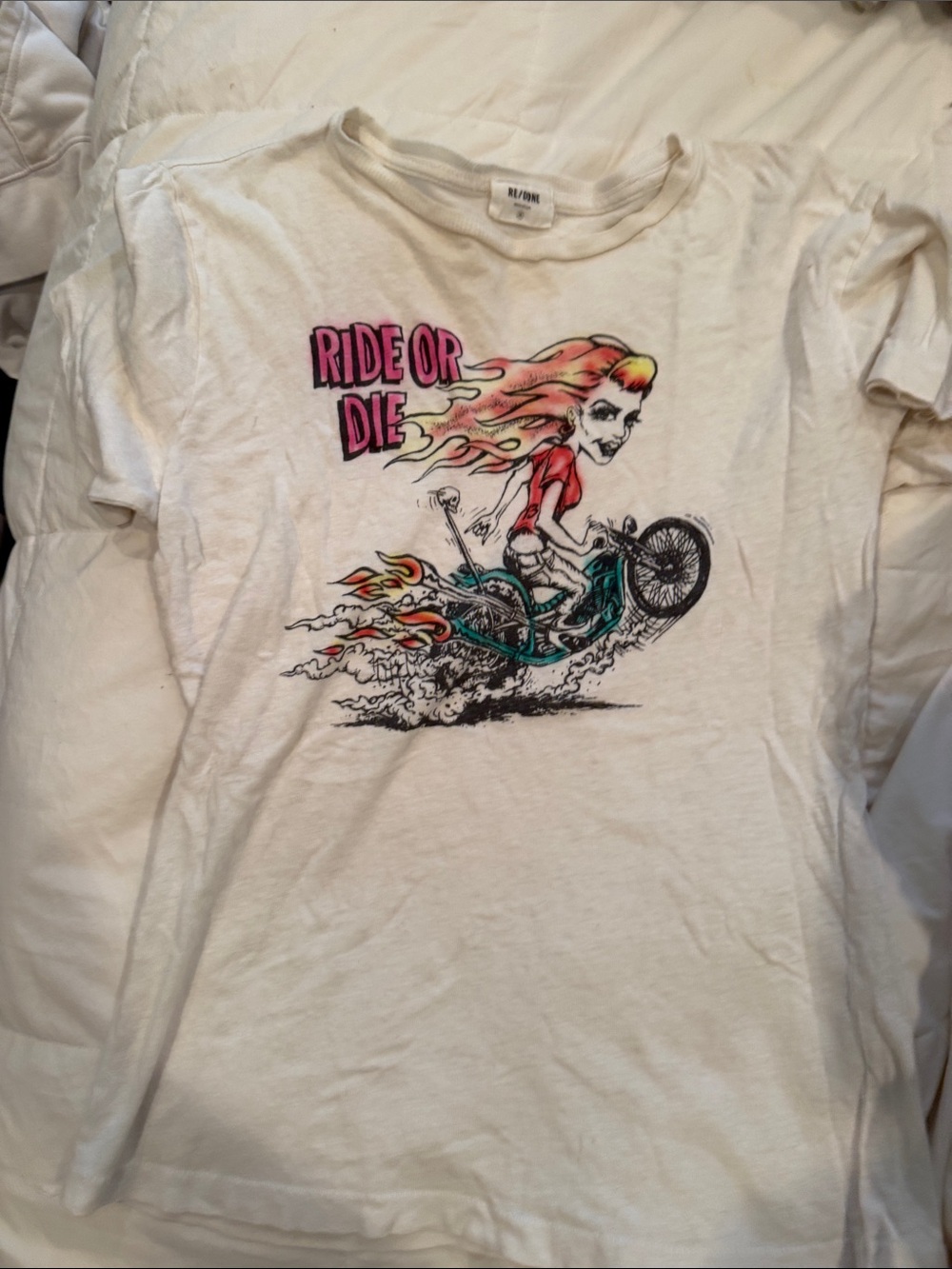 Re/Done White Tee with Pink and Teal Ride Graphic